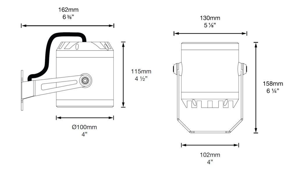 Dimensioned line drawing of the Hunza Ultra 12 Spot Light