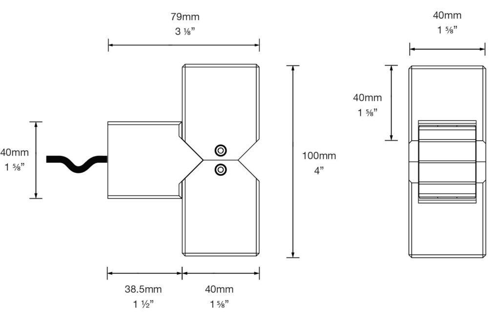 Dimensioned line drawing of the Hunza Cube Pillar Light