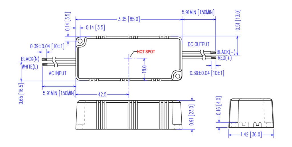 Dimensioned line drawing of the EPTRONICS 350mA Constant Current Driver | 12W