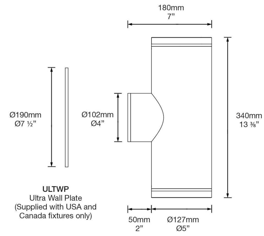 Dimensioned line drawing of the Hunza Ultra 50 Pillar Light
