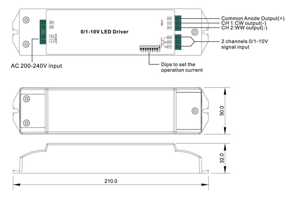 Dimensioned line drawing of the SUNRICHER 1-10V Tunable White 2 Channel - Constant Current Driver - 75W