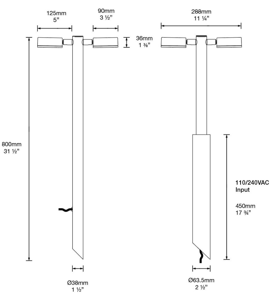 Dimensioned line drawing of the Hunza Twin Border Light