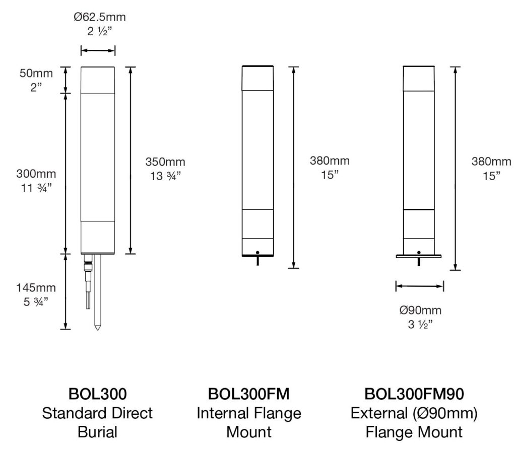 Dimensioned line drawing of the Hunza Bollard 300