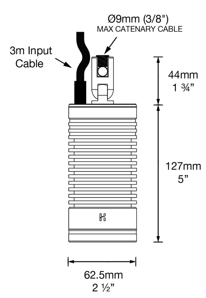 Dimensioned line drawing of the Hunza Catenary Mount High Power
