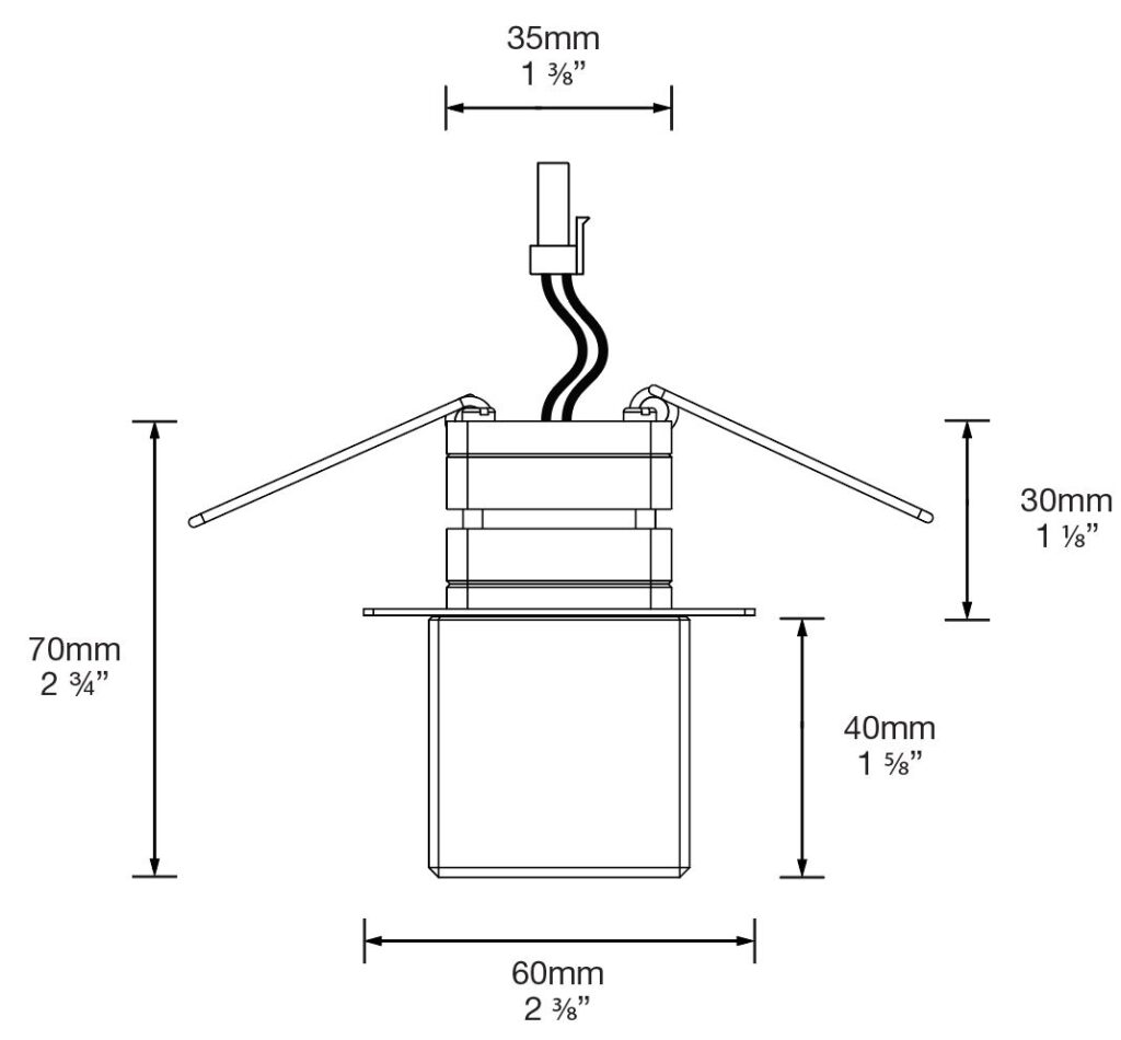 Dimensioned line drawing of the Hunza Cube Eave Light
