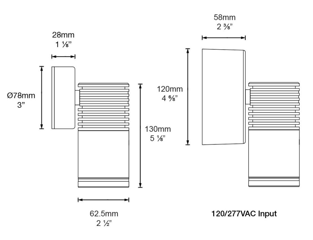 Dimensioned line drawing of the Hunza Wall Down Light High Power