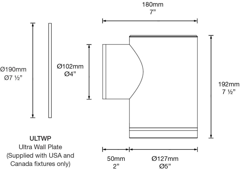 Dimensioned line drawing of the Hunza Ultra 50 Wall Down Light