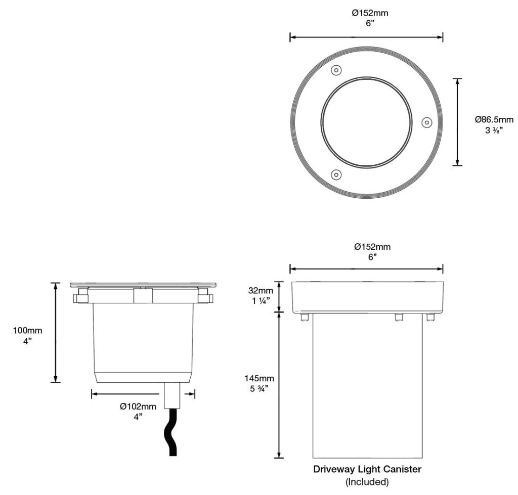 Dimensioned line drawing of the Hunza Driveway Light