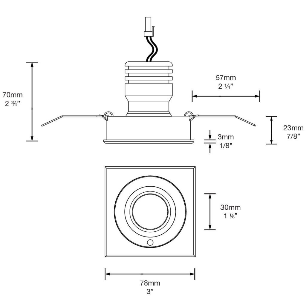 Dimensioned line drawing of the Hunza Tilting Eave Square 6W