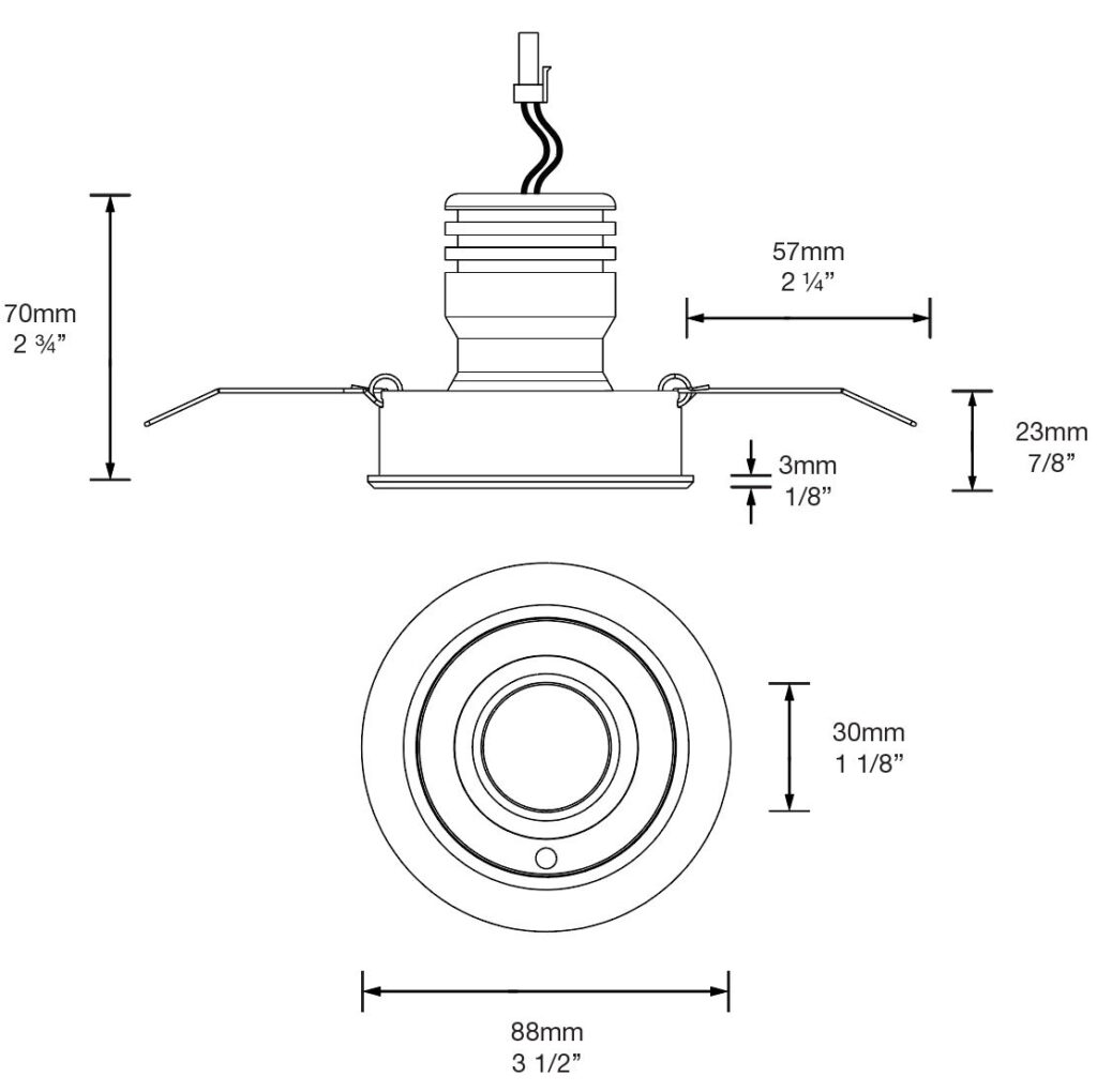 Dimensioned line drawing of the Hunza Tilting Eave 6W