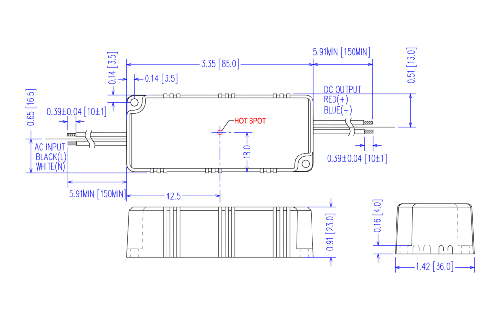 Dimensioned line drawing of the EPtronics 1000mA 12W 6-12VDC Constant Current Driver (Retro)