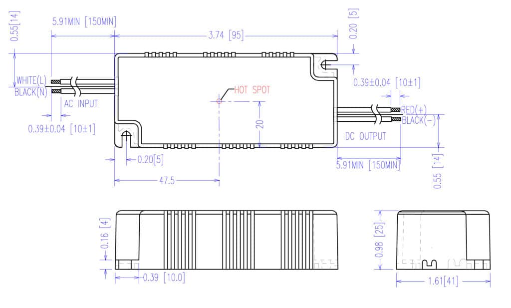 Dimensioned line drawing of the EPtronics 700mA 20W Constant Current Driver - 0-10V Dimming