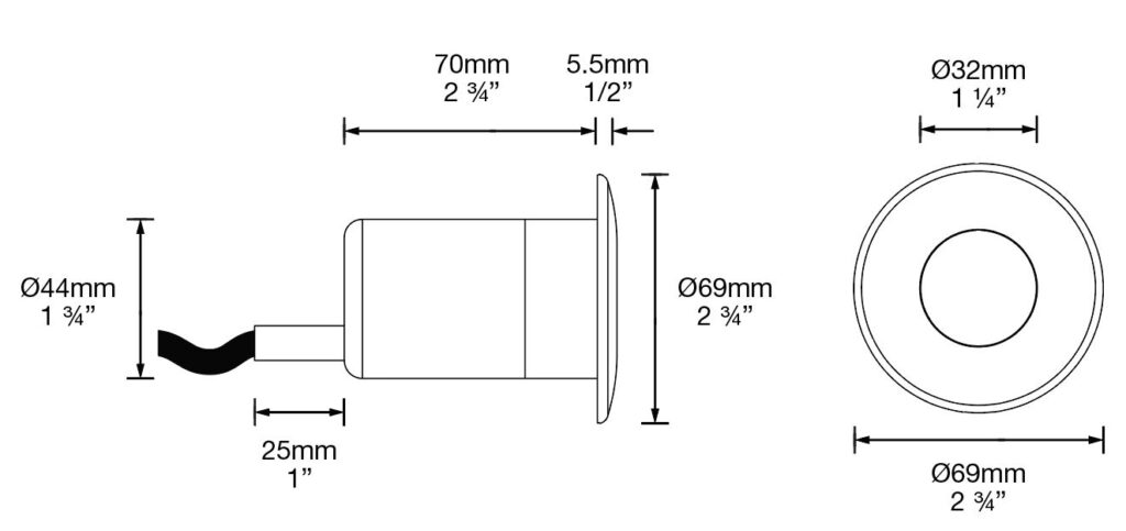 Dimensioned line drawing of the Hunza Euro Step Light