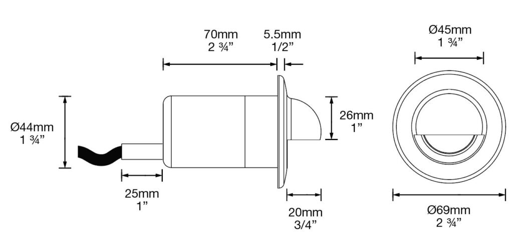 Dimensioned line drawing of the Hunza Euro Step Light Solid Eyelid