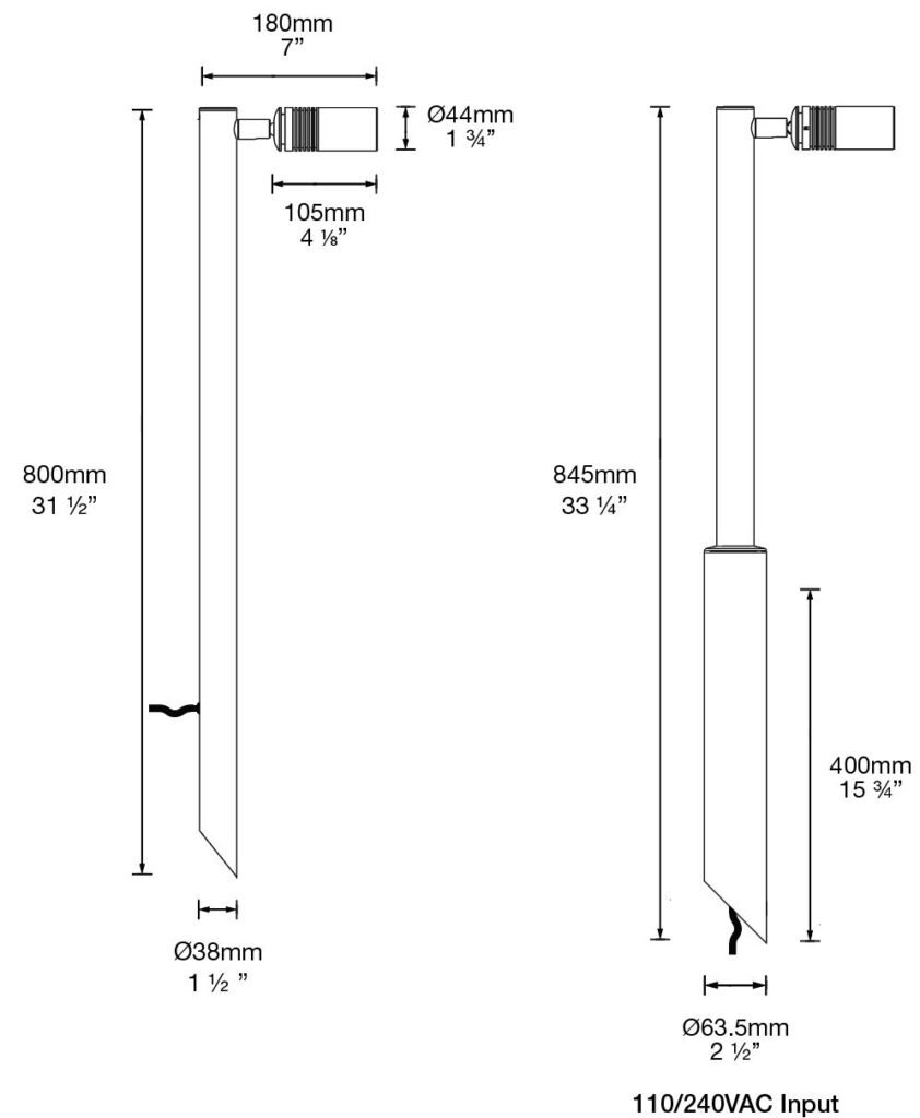 Dimensioned line drawing of the Hunza Euro Single Pole Light