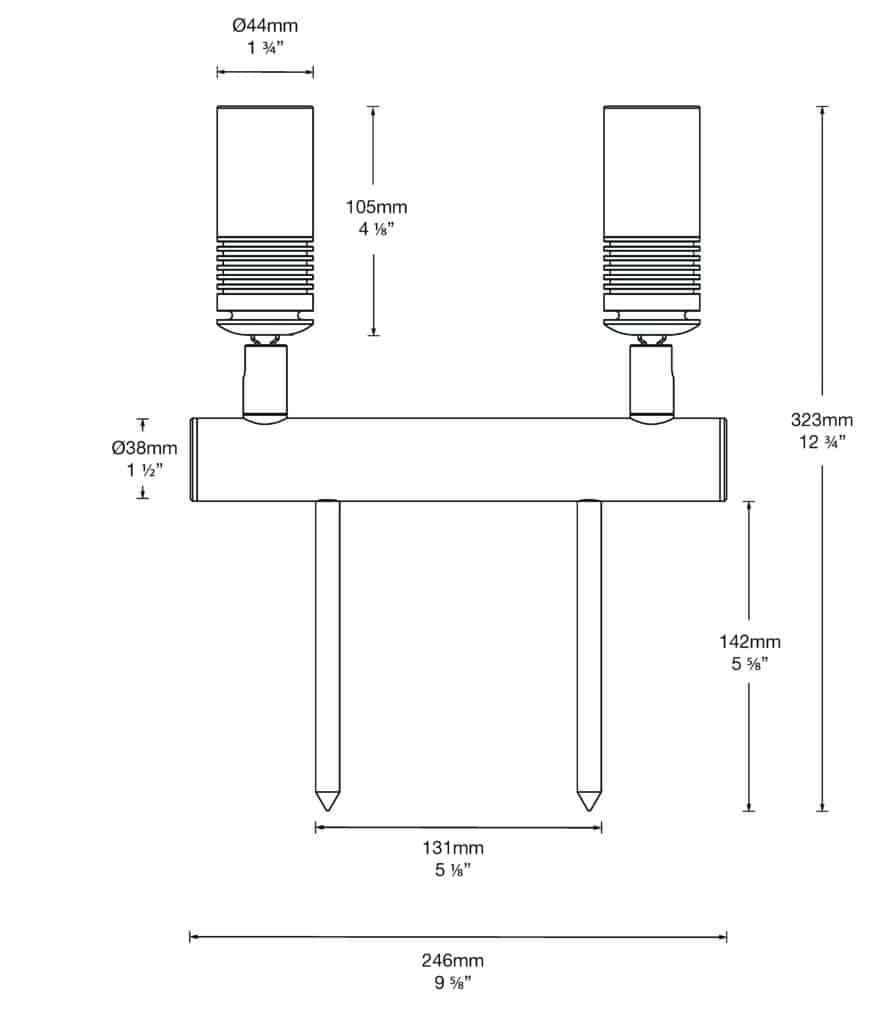 Dimensioned line drawing of the Hunza Euro Twin Bar Light