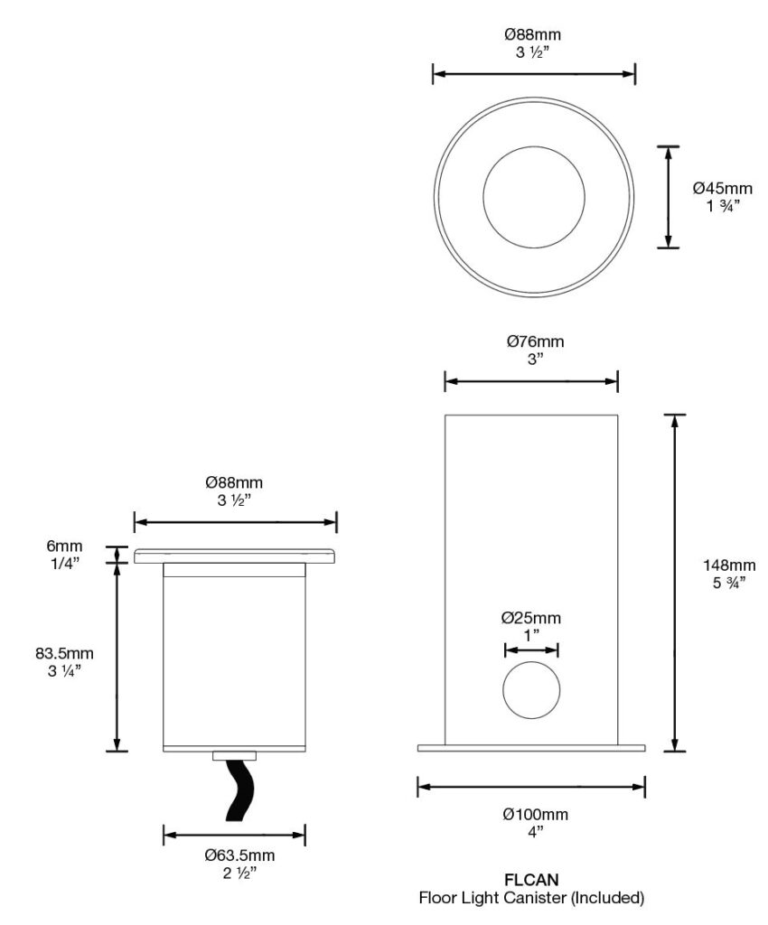 Dimensioned line drawing of the Hunza Floor Light