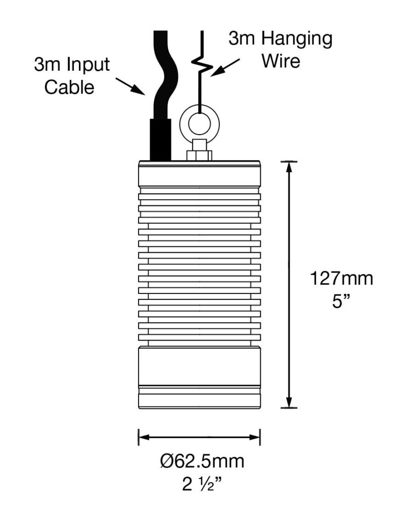 Dimensioned line drawing of the Hunza Hanging Light High Power