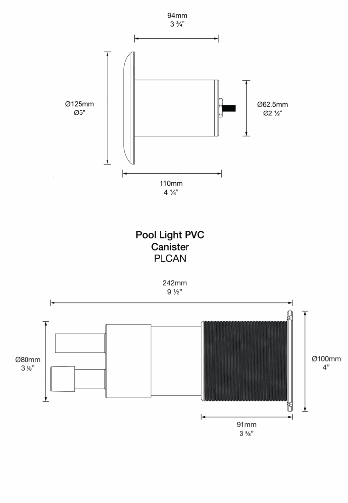 Dimensioned line drawing of the Hunza Pool Light High Power