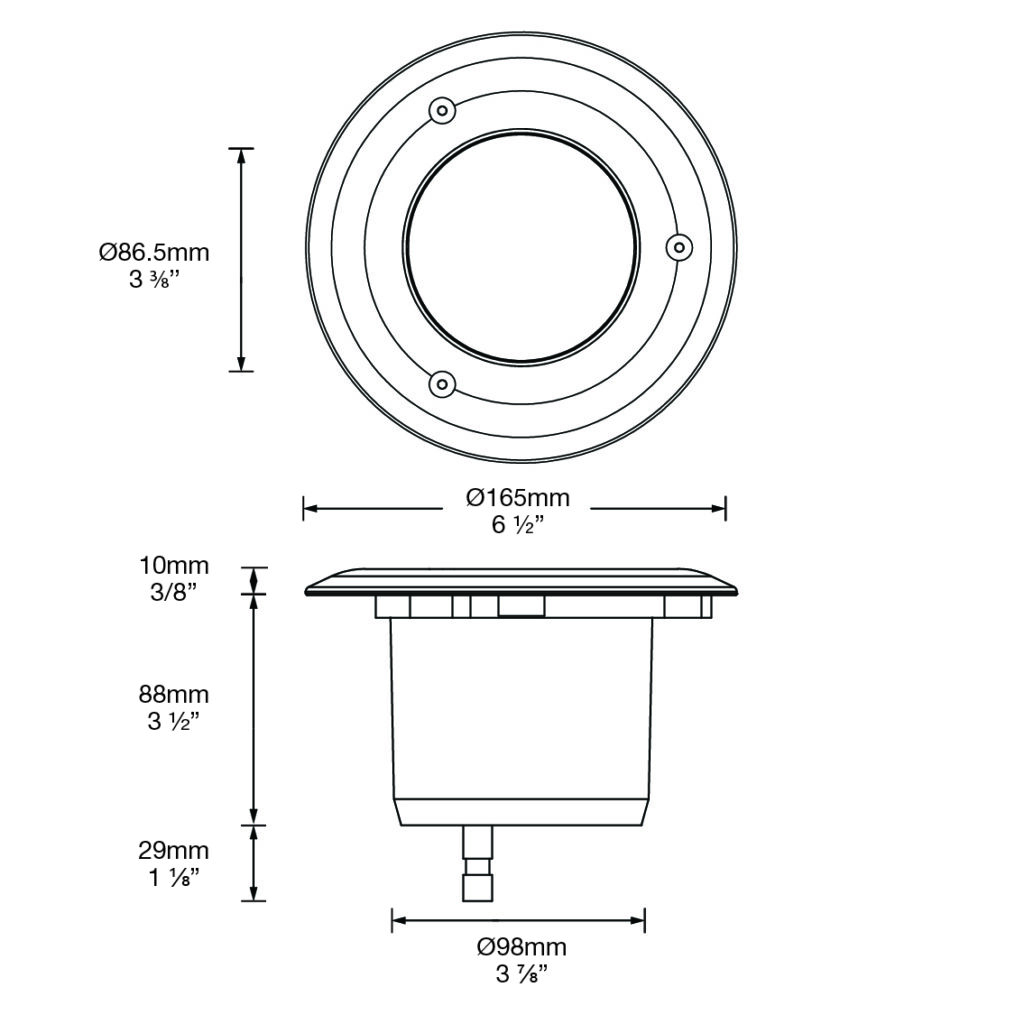 Dimensioned line drawing of the Hunza Lawn Light Deck Mount