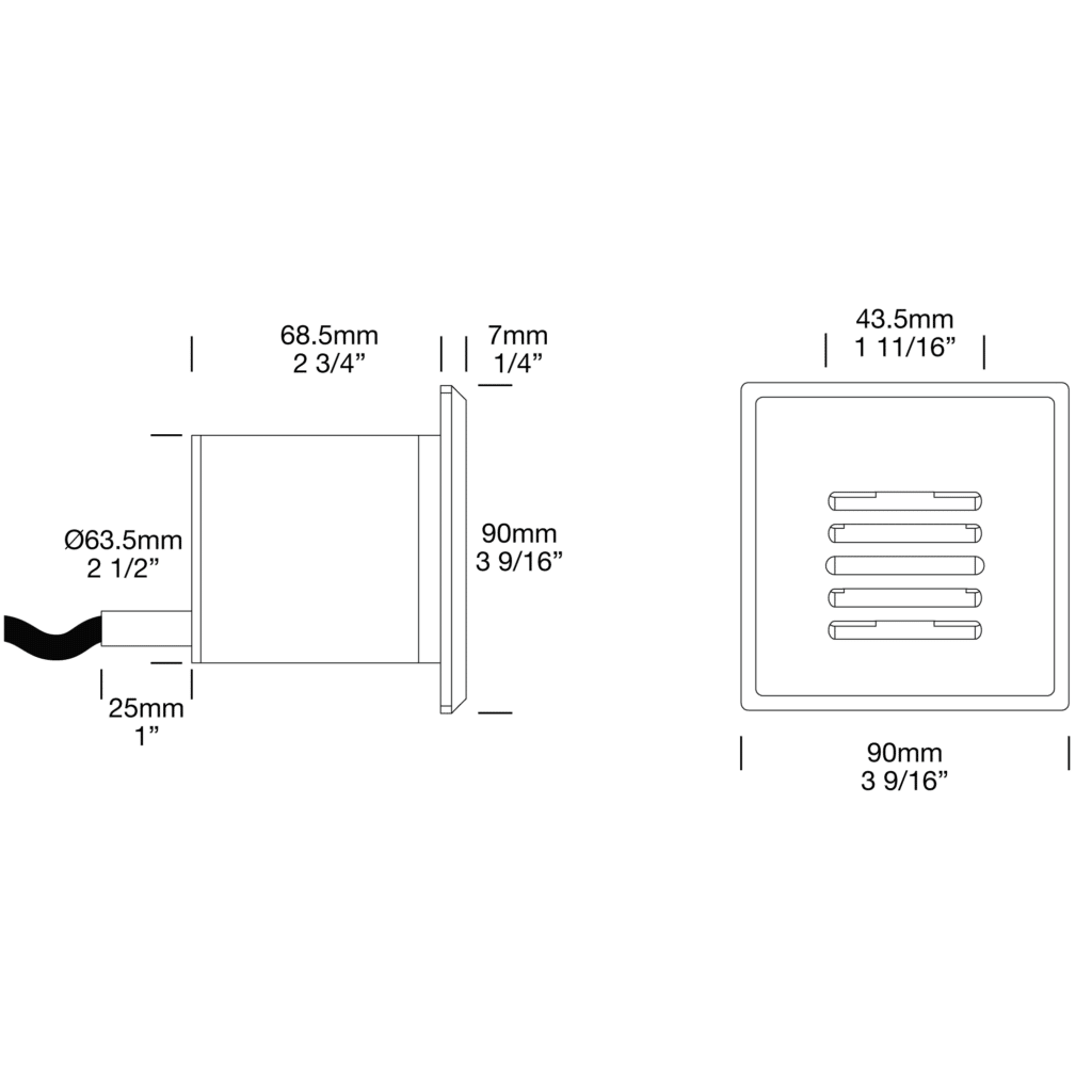 Dimensioned line drawing of the Hunza Step Light Louvre Square