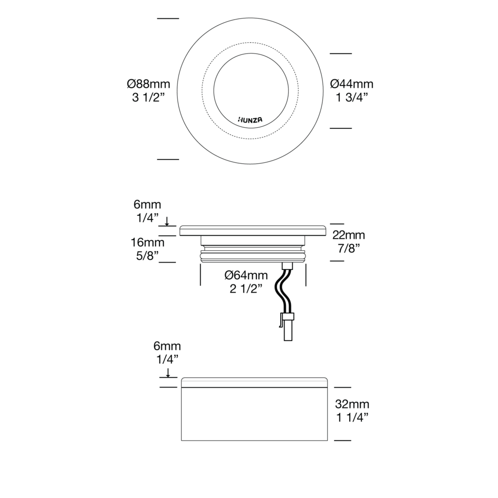Dimensioned line drawing of the Hunza Surface Mount Round Light
