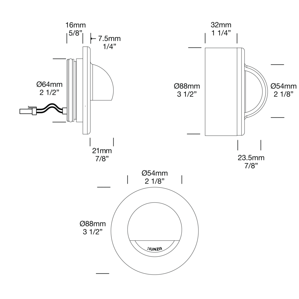 Dimensioned line drawing of the Hunza Surface Mount Solid Eyelid Light