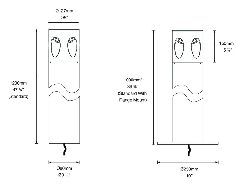 Dimensioned line drawing of the Hunza Ultra Bollard