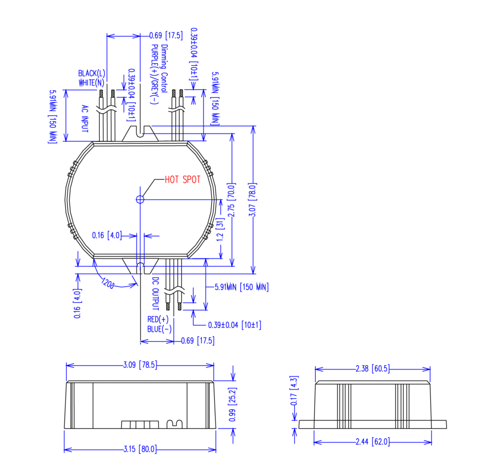 Dimensioned line drawing of the EPtronics 350mA 25W 24-72VDC Constant Current Driver with Dimming