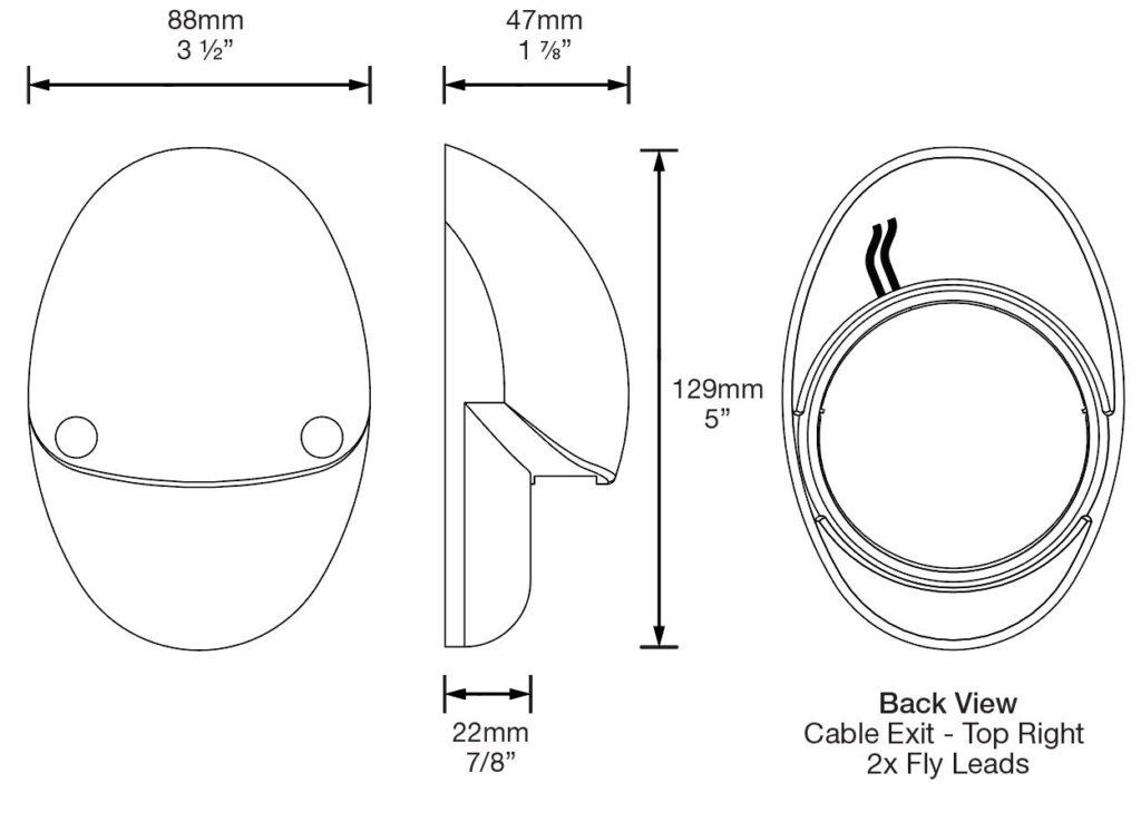 Dimensioned line drawing of the Hunza Mouse Light