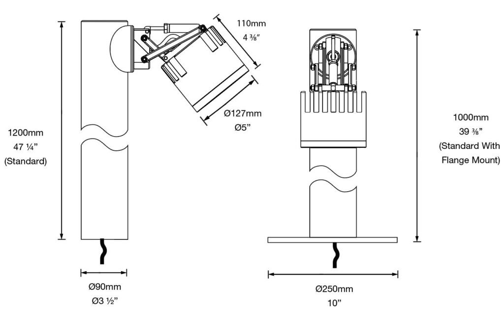 Dimensioned line drawing of the Hunza Ultra 50 Flood Light