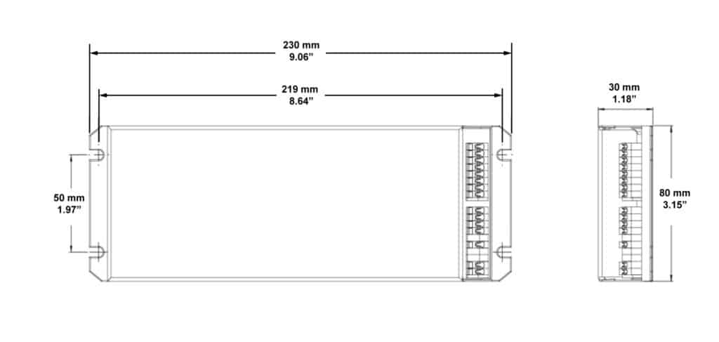 Dimensioned line drawing of the POWERdrive AC DMX/RDM/DALI Full-Colour (RGBW) Dimmable LED Driver | 100W