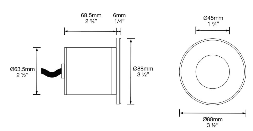 Dimensioned line drawing of the Hunza Step Light