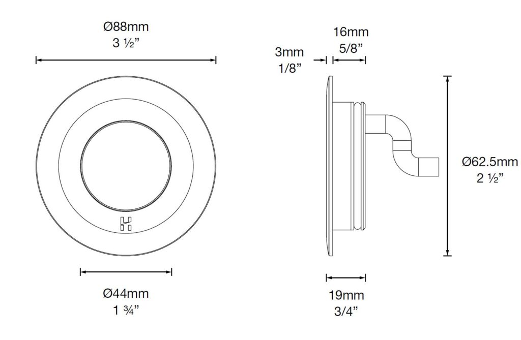 Dimensioned line drawing of the Hunza Slim Recessed Round Light