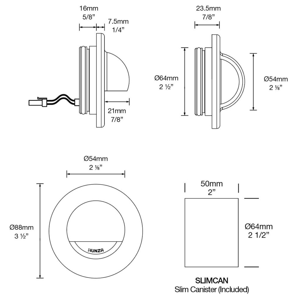 Dimensioned line drawing of the Hunza Slim Recessed Solid Eyelid Light