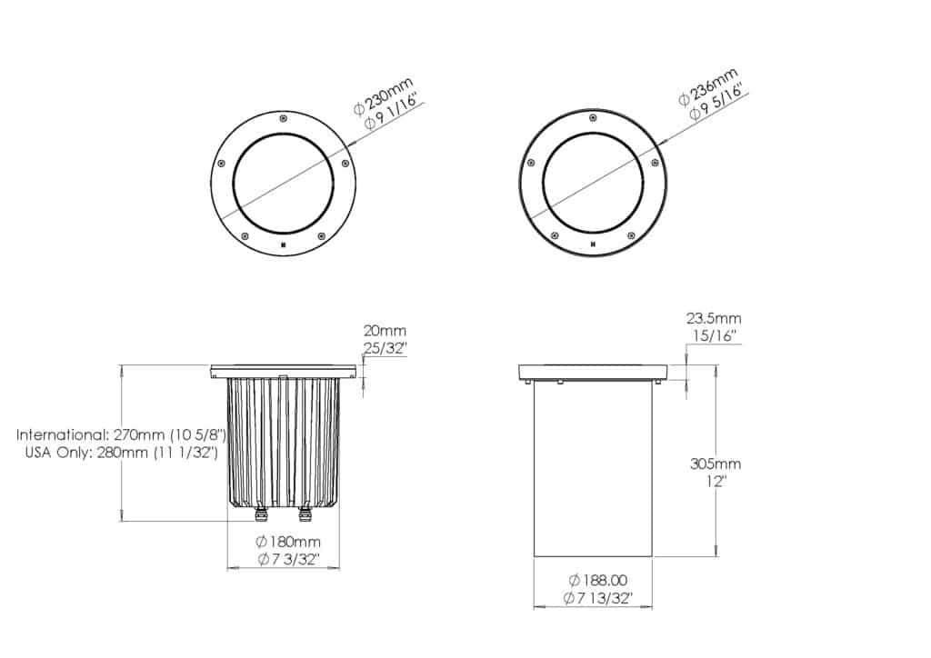 Dimensioned line drawing of the Hunza SafeTouch 150 RGBW