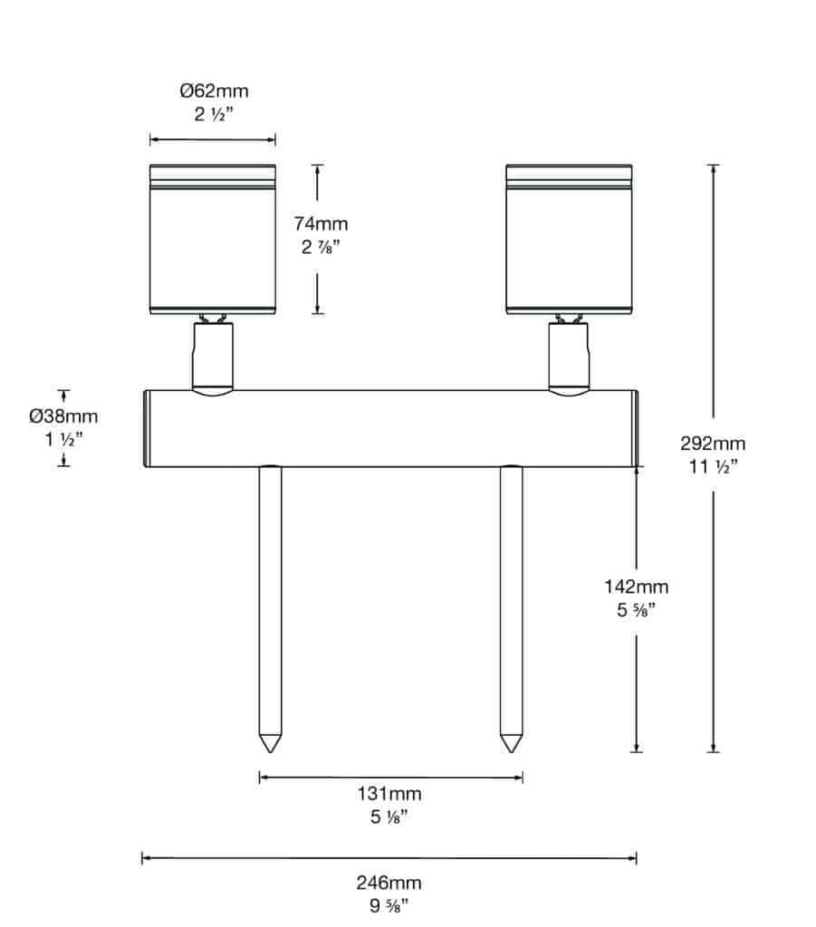 Dimensioned line drawing of the Hunza Twin Bar Light