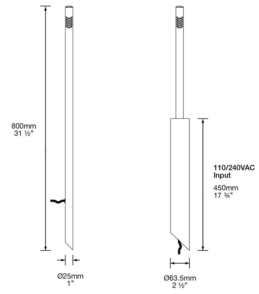 Dimensioned line drawing of the Hunza Twig Light