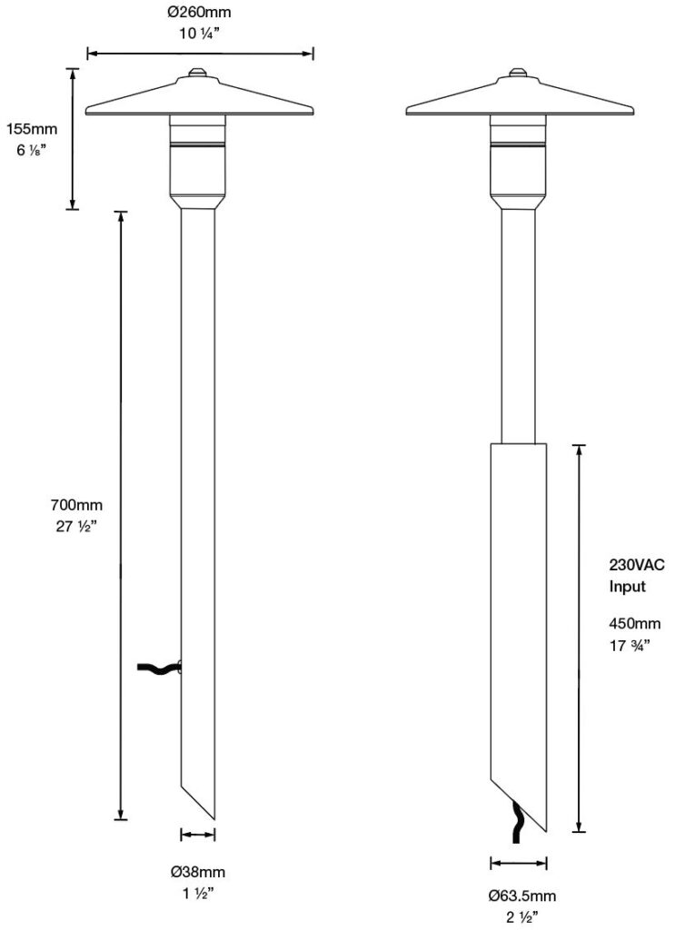 Dimensioned line drawing of the Hunza Tier Light