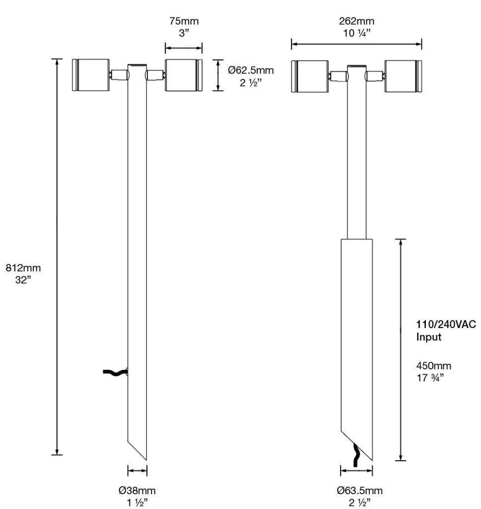 Dimensioned line drawing of the Hunza Twin Pole Light