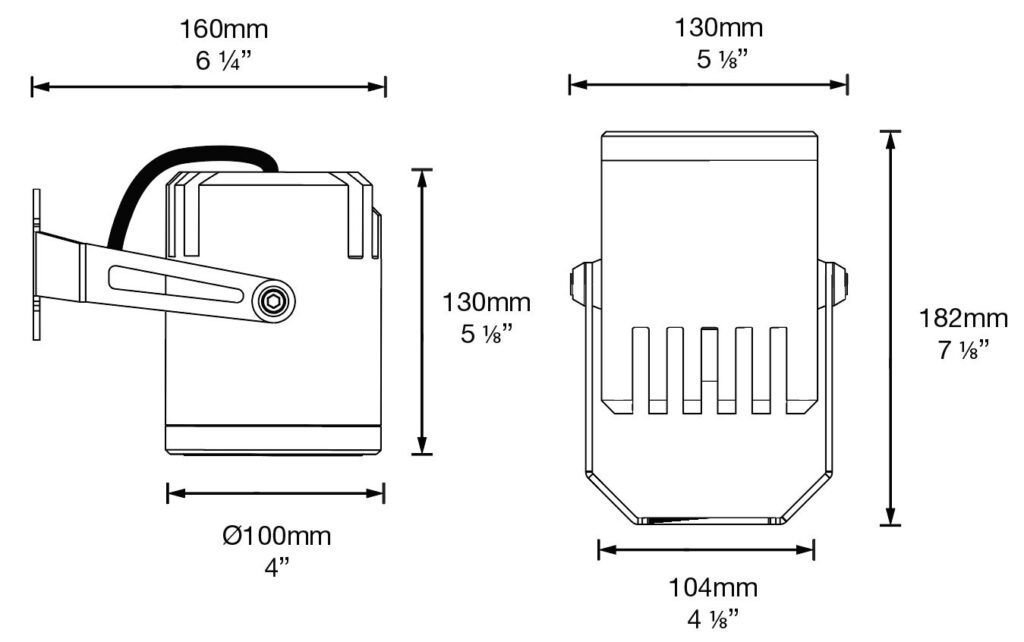 Dimensioned line drawing of the Hunza Ultra 35 Spot Light