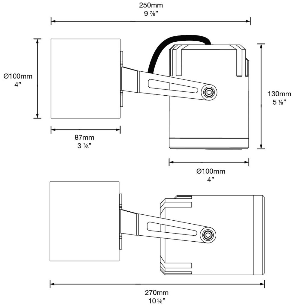 Dimensioned line drawing of the Hunza Ultra 35 Wall Spot Light
