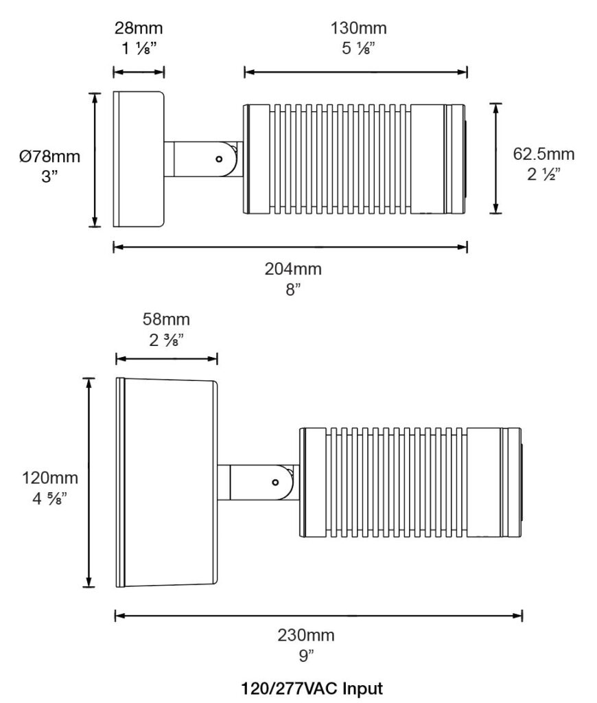 Dimensioned line drawing of the Hunza Wall Spot High Power