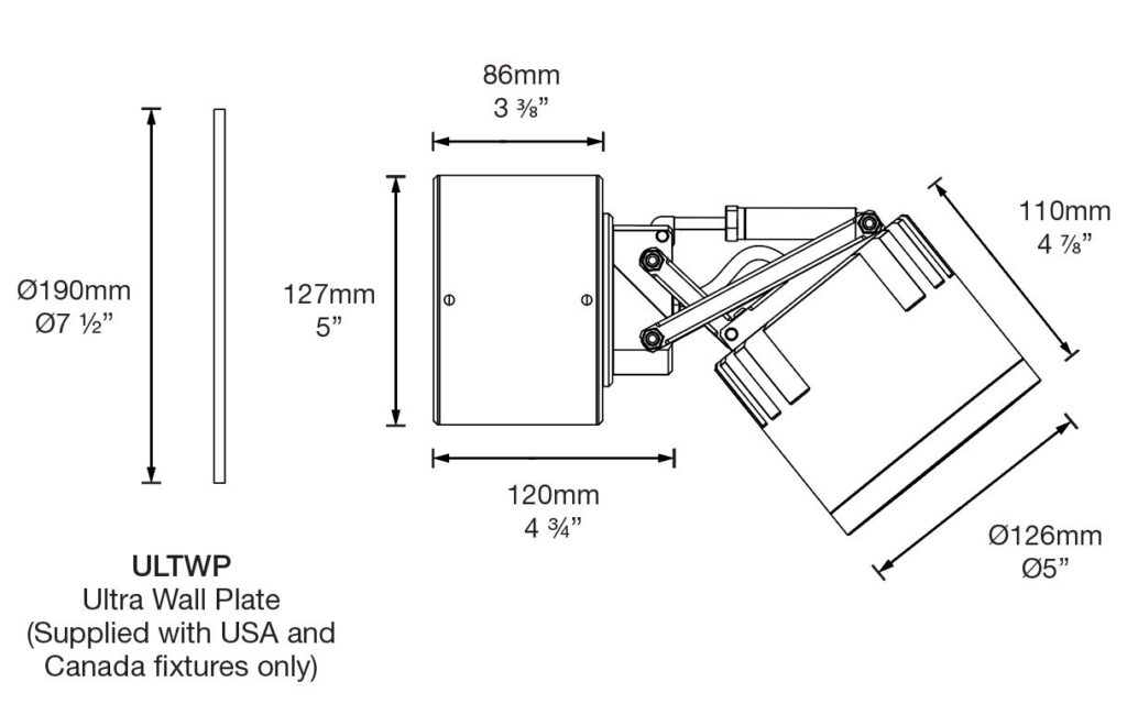 Dimensioned line drawing of the Hunza Ultra 50 Wall Spot
