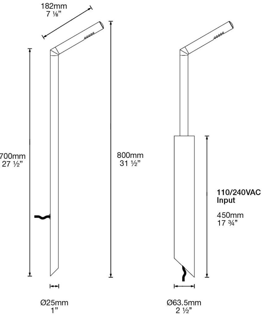 Dimensioned line drawing of the Hunza Walkway Light