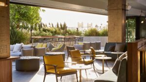Revival Bar at the Kimpton Sawyer Hotel, a terrace with lounge seating
