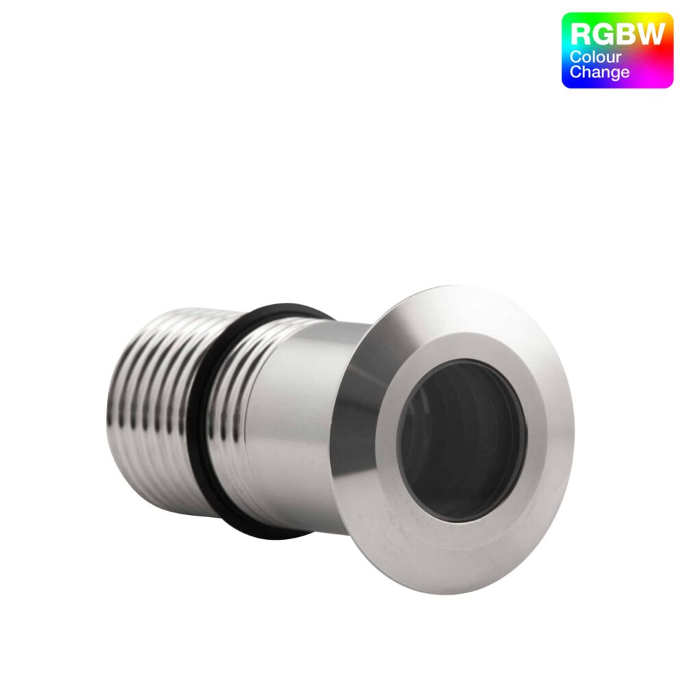 LuxR Modux Four RGBW Darklighter in stainless steel showing its threaded barrel and recessed lens