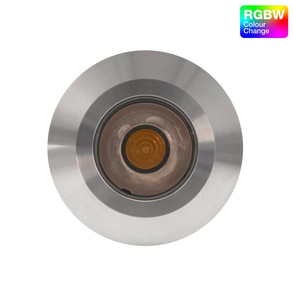 LuxR Modux Four RGBW Darklighter in stainless steel with a deeply recessed colour-change lens