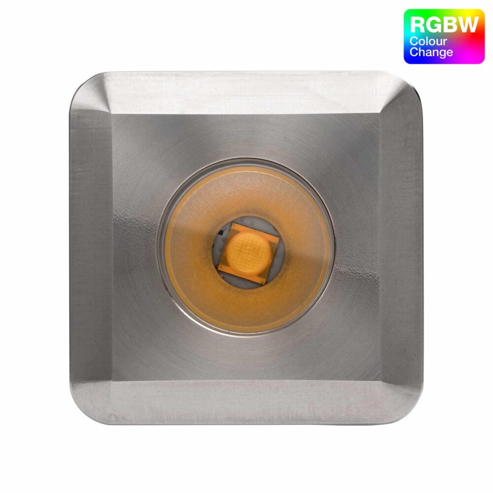 LuxR Modux Four RGBW Large Square in stainless steel with its colour-change LED visible