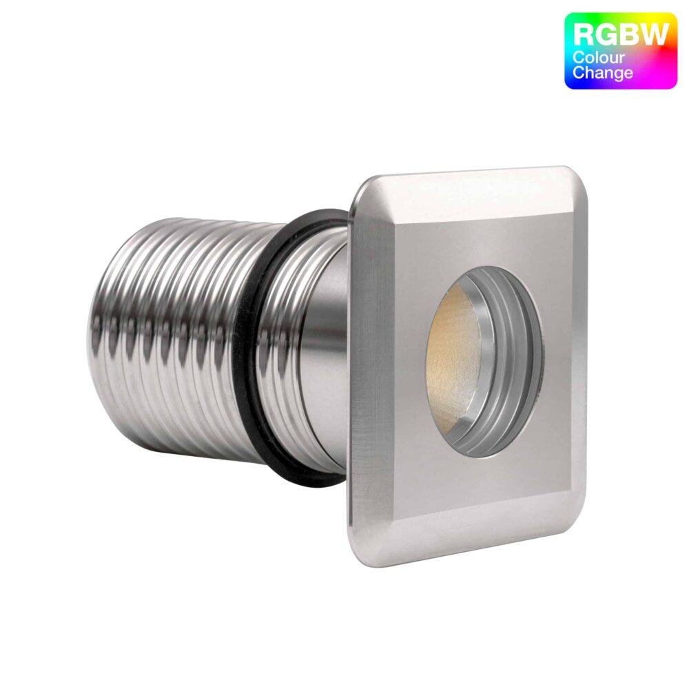 LuxR Modux Four RGBW Large Square in stainless steel showing its threaded barrel and lens